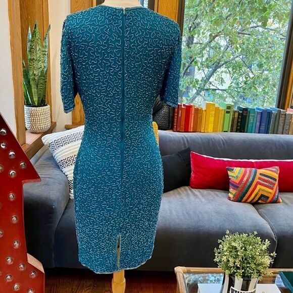Vintage 100% Silk Peacock Teal Beaded Cocktail Dress - Picture 7 of 13